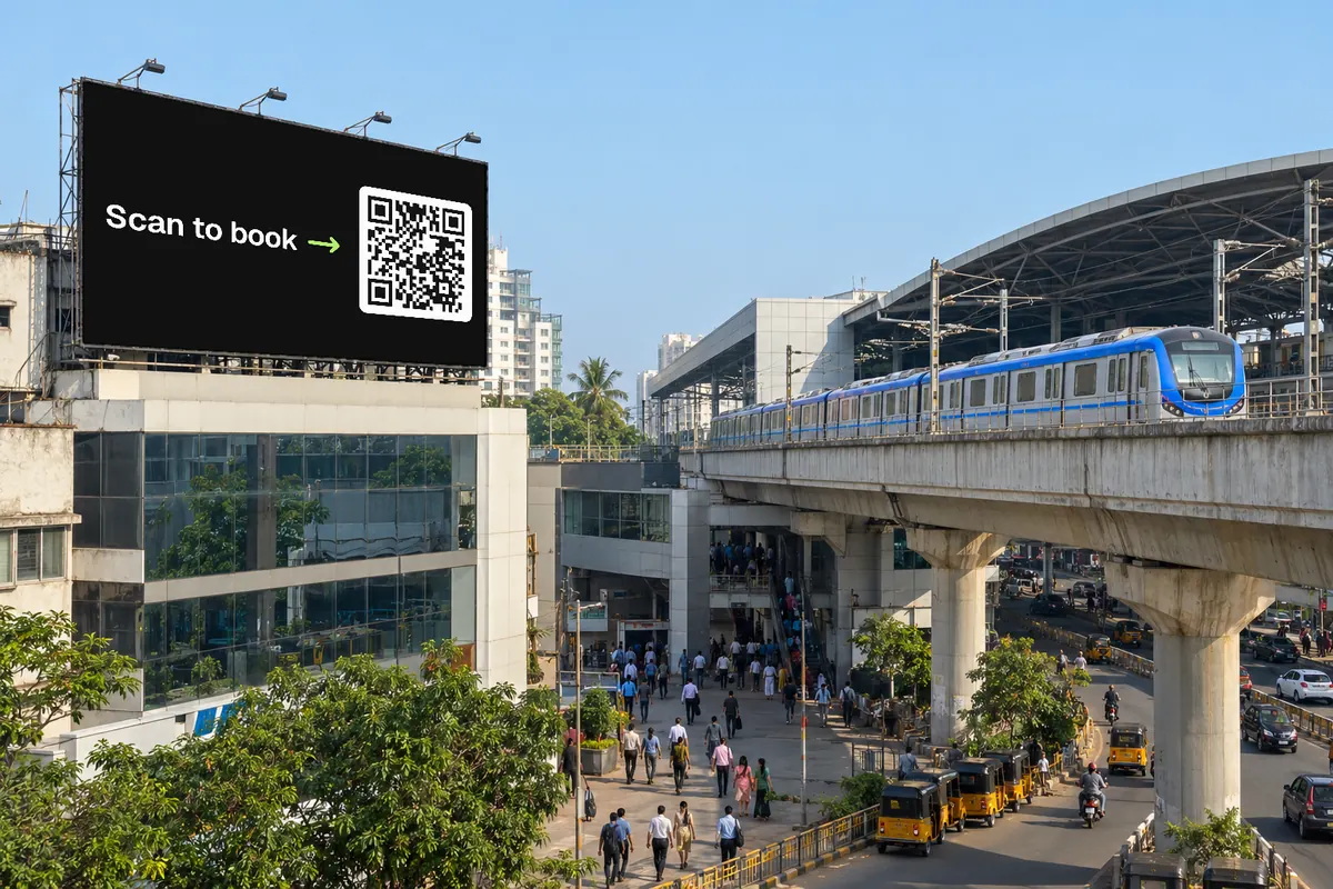 QR concept on a hoarding beside a metro station